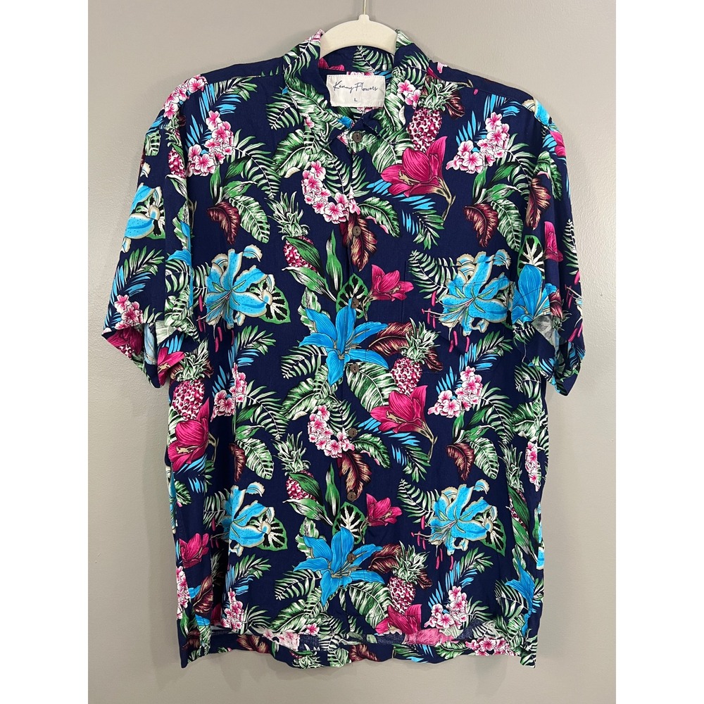 Kenny Flowers Button Down Shirt Mens L Navy Tropical Floral Great Short Sleeve
